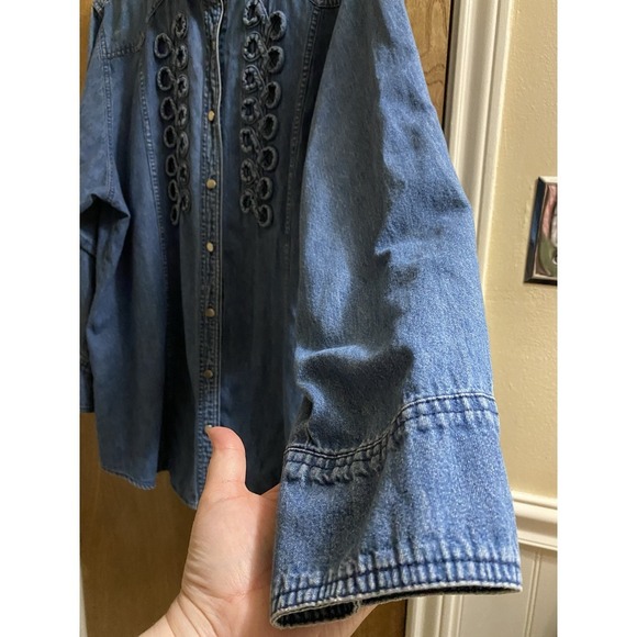 WRANGLER Vintage Western Wear for Women Blue Denim Ruffle Long Sleeve Cotton  L - Picture 7 of 13